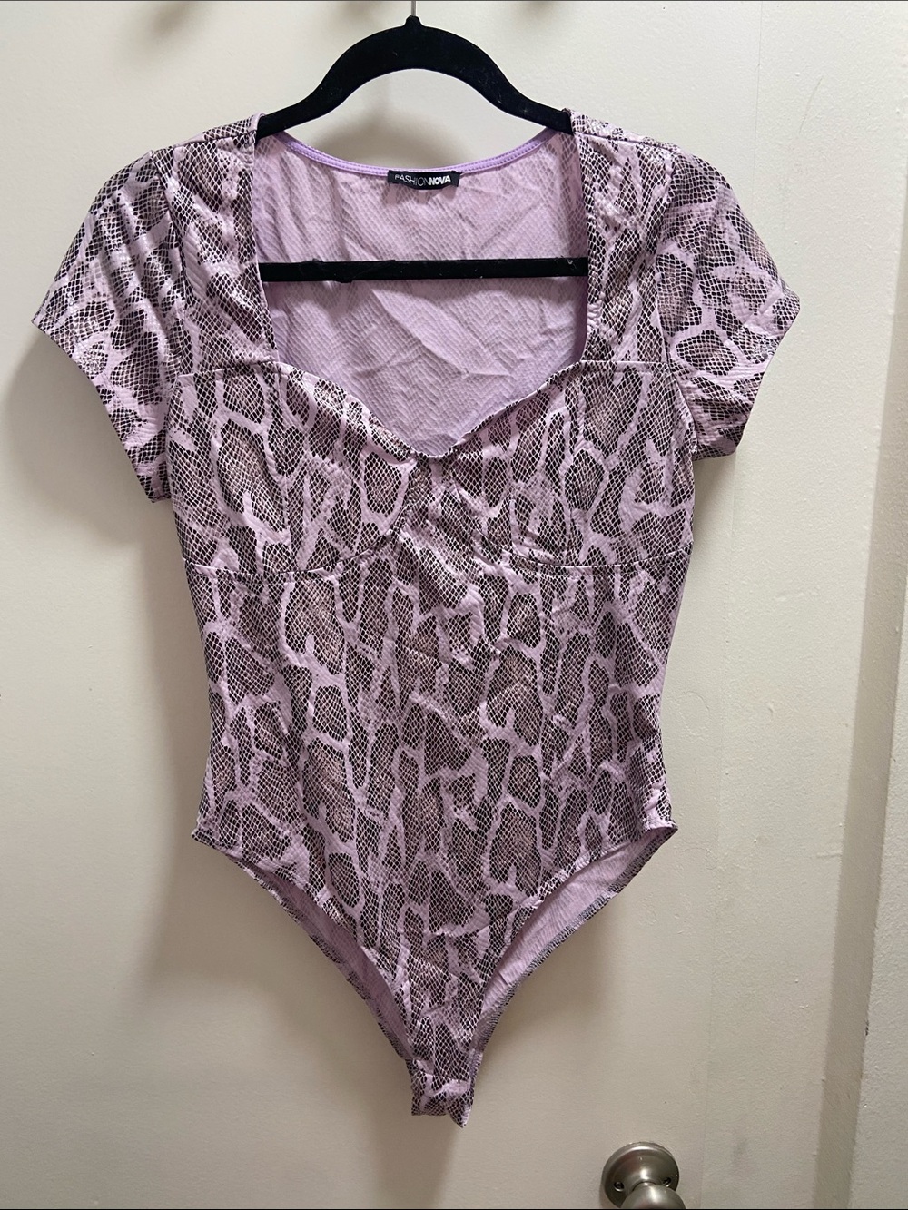 Fashion Nova Lavender Snake-Print Short Sleeve Bodysuit